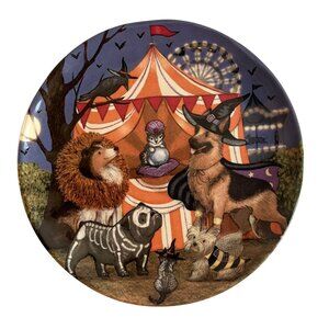 New Pier 1 Ironstone Halloween Midnight Carnival Park Avenue Dog Plate - 8.75"